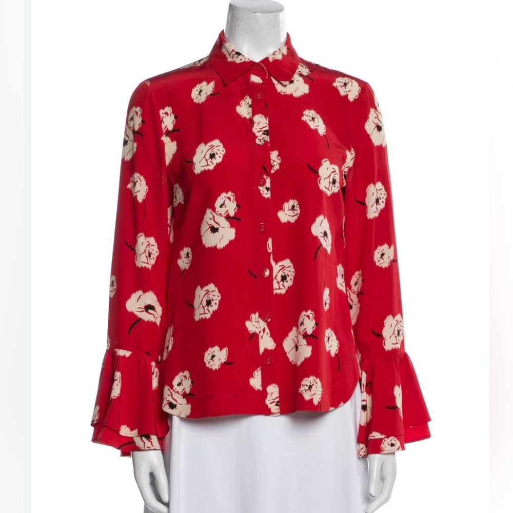 Derek Lam 10 Crosby 100% Silk Button Up Red Floral poppy Top Size 6